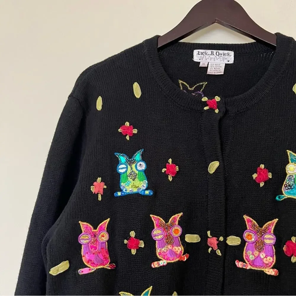 Jack B. Quick Y2k Beaded Owl Embroidered Abstract Knit Cardigan Sweater